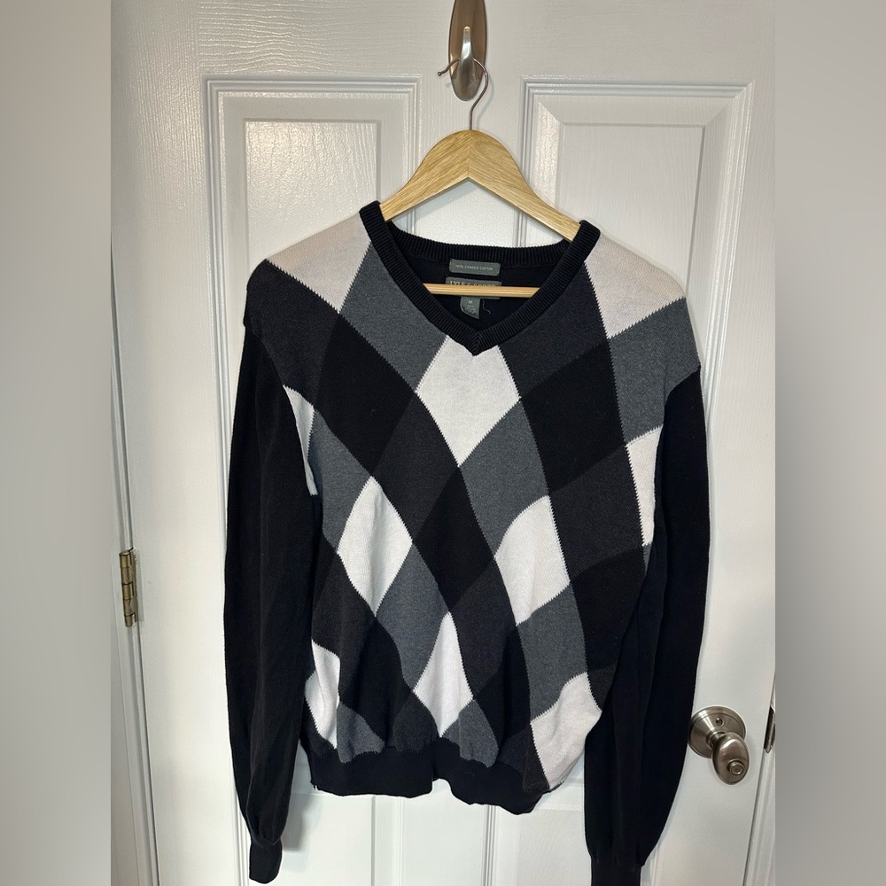 Lyle & Scott Argyle V Neck Sweater Mens Size Medium Cotton Preppy Ivy Academia